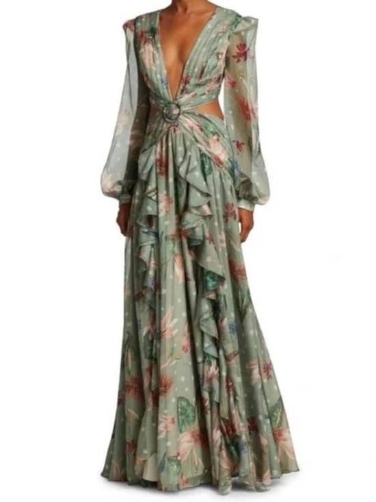 PatBO Dresses & Skirts - PatBO Sage Green Floral Deep-V Ruffle Maxi Dress